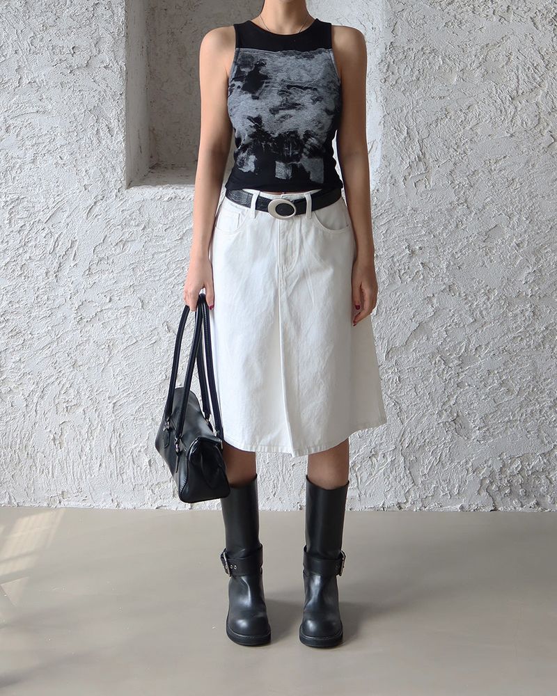 Basic pintuck cotton midi skirt