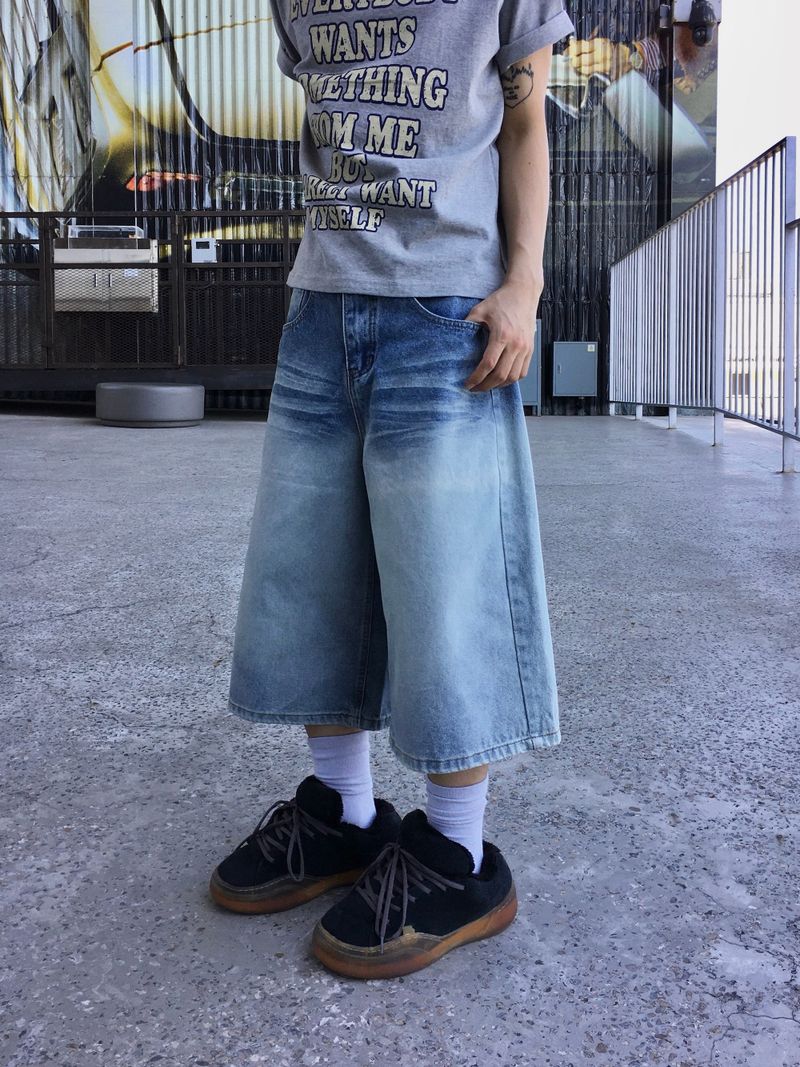 Rope Light Washing Bermuda Denim Pants