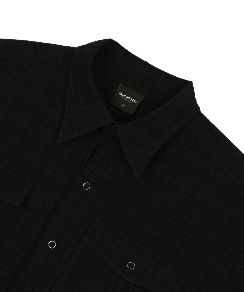 Texture Crop Roll-Up Check Short Sleeve Shirt - Black