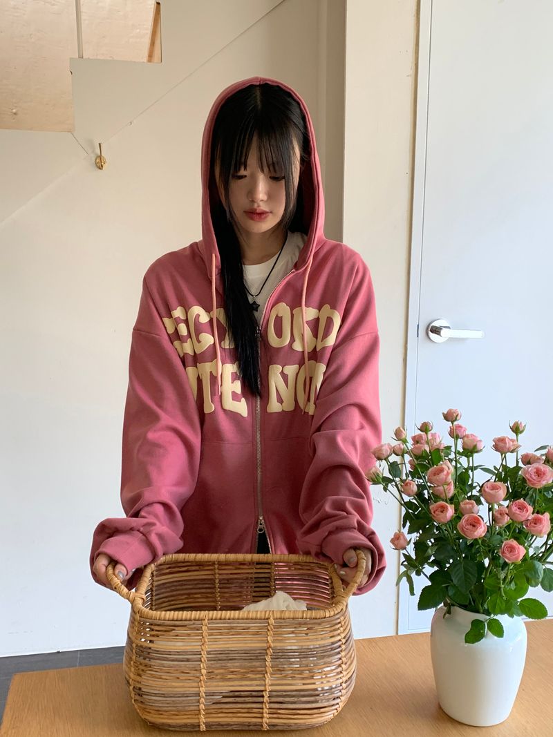 Before overfit lettering two-way hooded zip-up