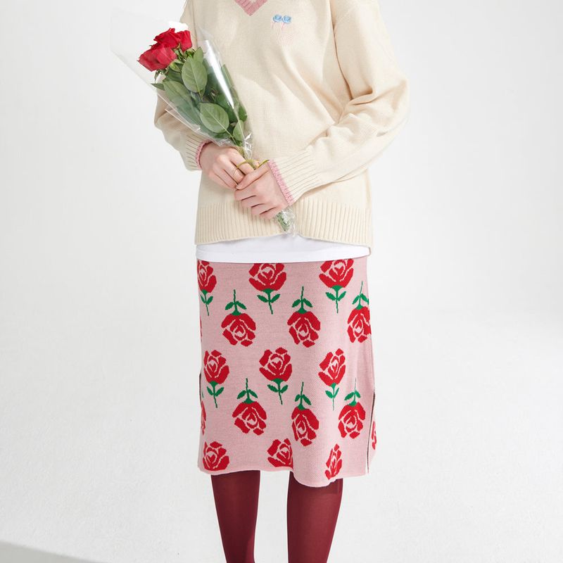 Rose pattern Knit Skirt [Pink]