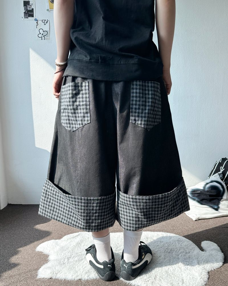 Check Roll-Up Detail Raw Denim Bermuda Shorts 2color