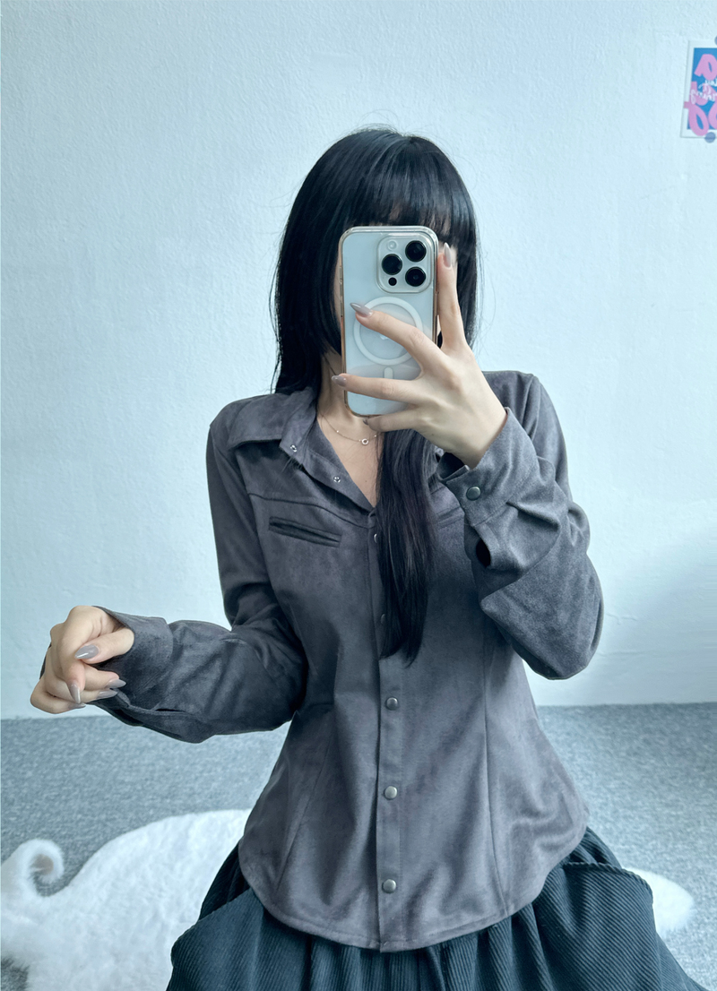 SUEDE SLIM LINE SHIRT BLOUSE🤎🖤🩶 - 3 COLORS