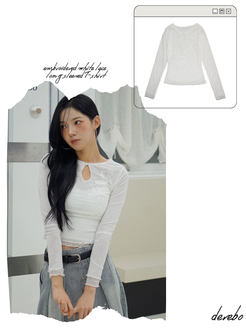 embroidered white lace long-sleeved T-shirt