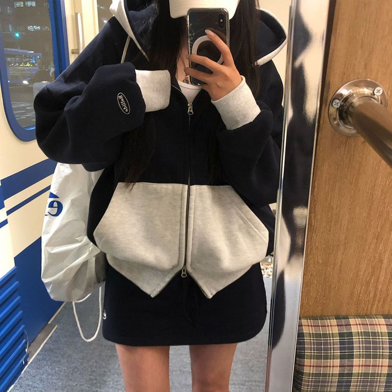 [BELLIDE MADE] two-tone coloring wool boxy hooded zip-up