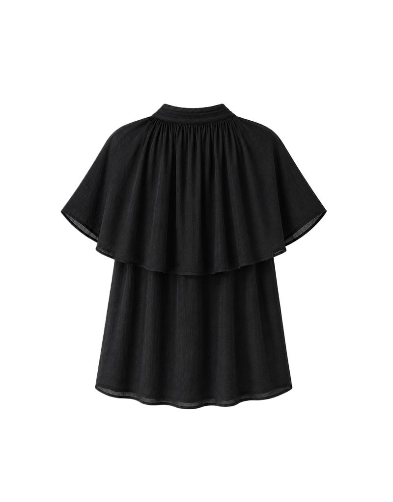 Leonie V-Neck Cape Tie Button Blouse Black
