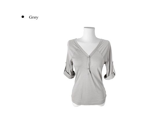 Poti Button V-Neck Roll-Up Three Quarter T-Shirt