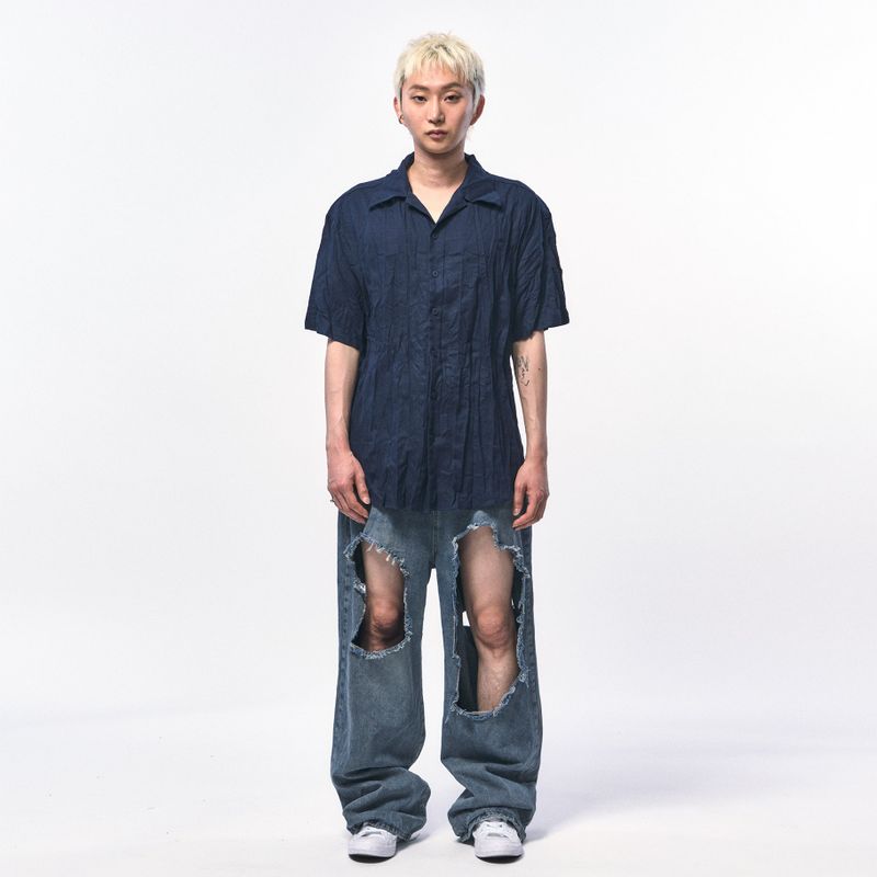 CRINKLE LINEN HALF SHIRTS NAVY