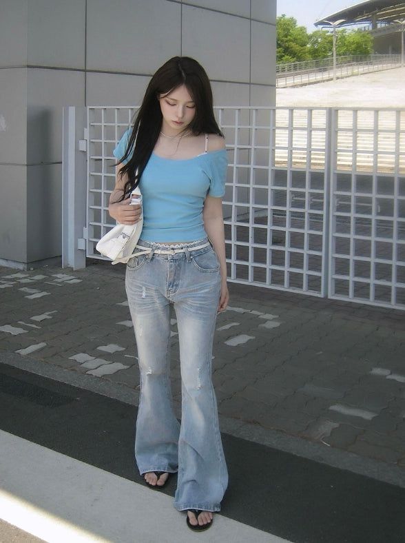 Naon Lace Washing Bootcut Denim Pants