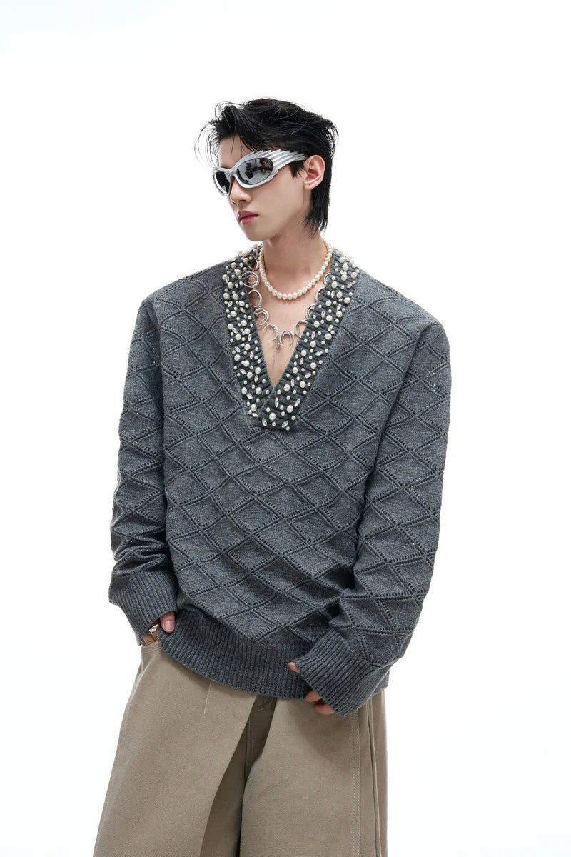 Argue Cultureの「Rhinestone Diamond Knit V-Neck Sweater（Tops）」