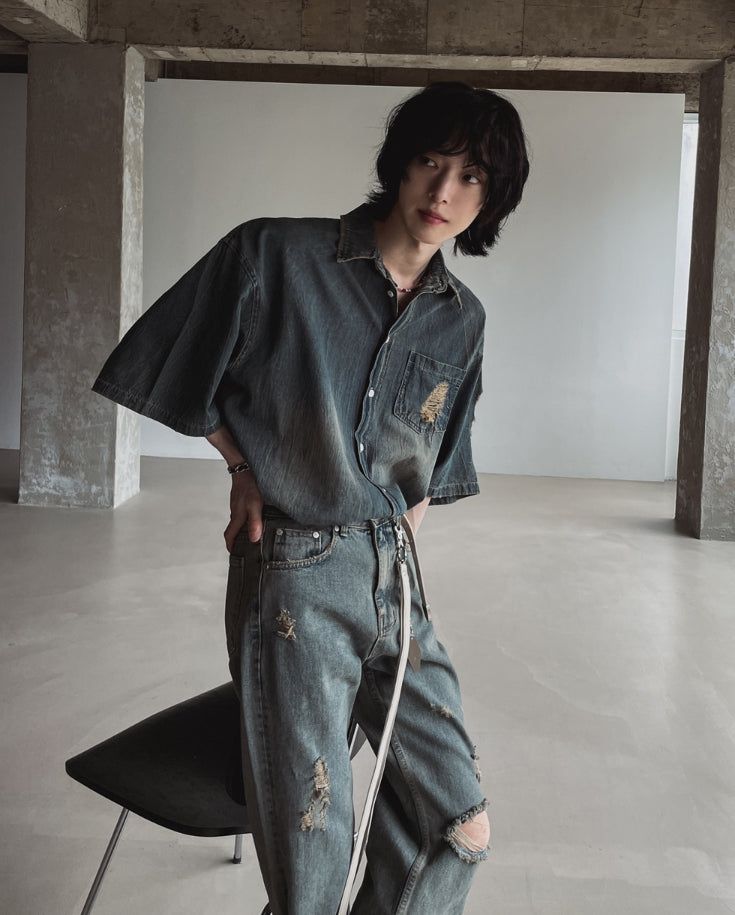 Summer shea damage washed denim half shirt