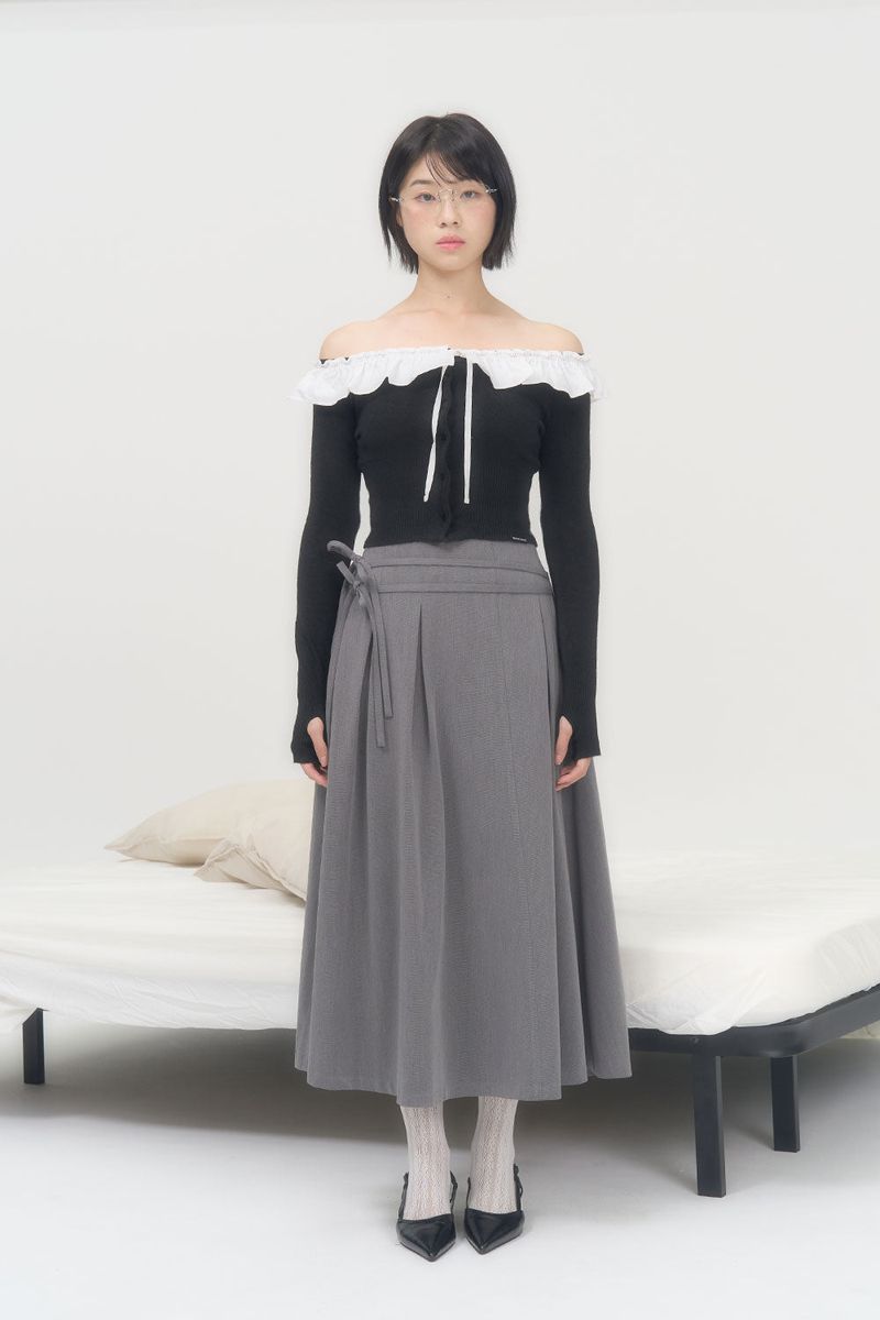 RIBBON FLARE LONG SKIRT (GRAY)