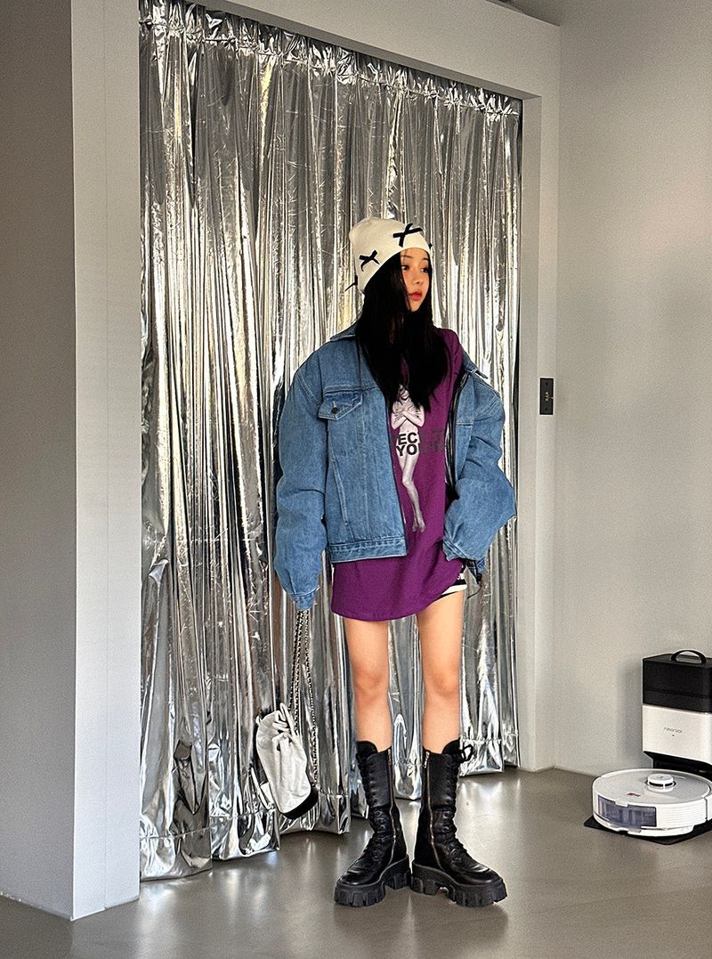 Double-sided reversible denim padded coat