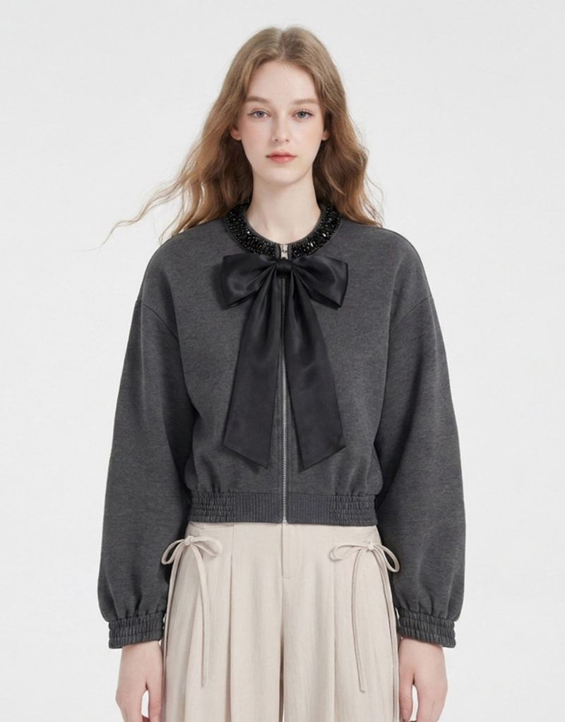 Muse Sequin Ribbon Cropped Zip-Up Charcoal