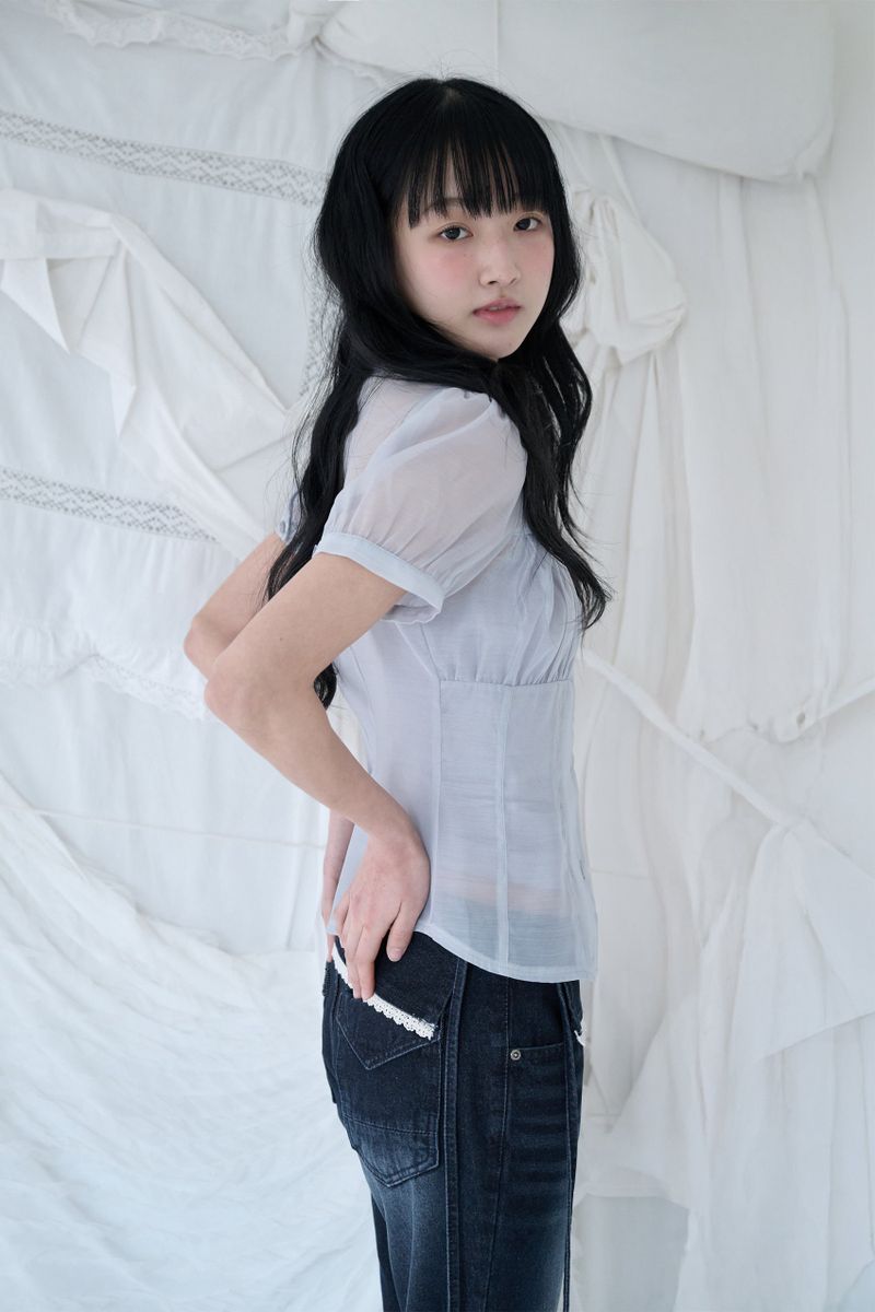 SHIRRING SHEER BLOUSE MISTY BLUE