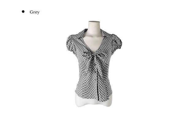 Ession Ribbon Puff V-Neck Check Shirt