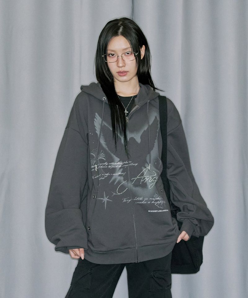 Angel Stud Overfit Hood Zip-Up - CHARCOAL
