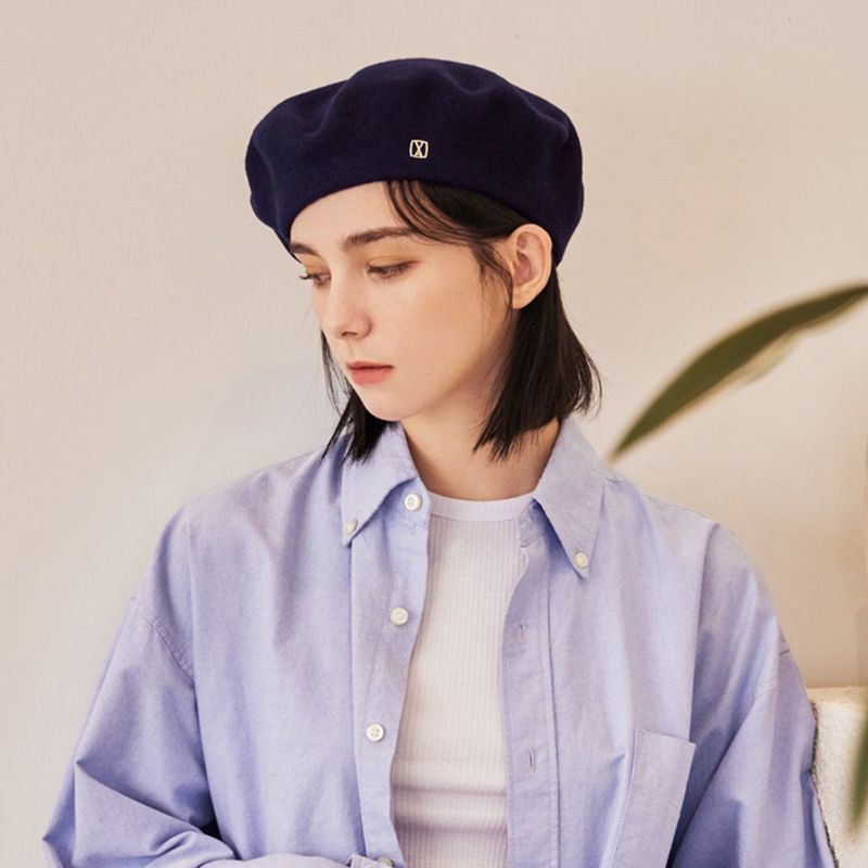 VA Square Stud Wool Beret / Navy