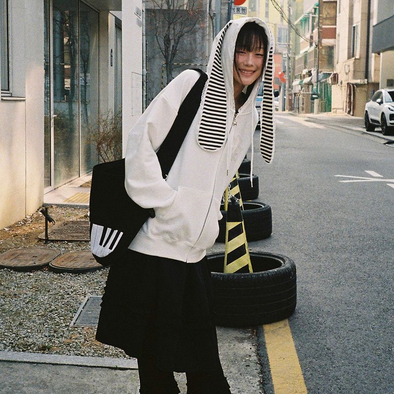 Cross Bunny Ear Zip-Up Hoodie - White