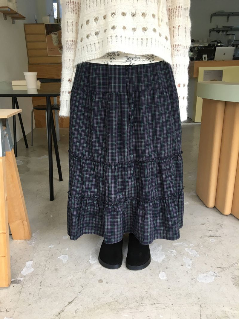 Maroon check long skirt (2color)
