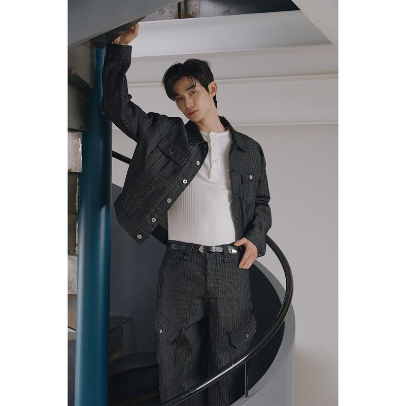 Stripe corduroy trucker denim jacket(Black)