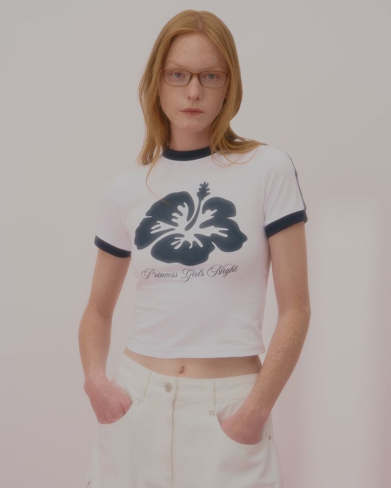 ALOHA FLOWER RINGER CROP TSHIRT-WHITE