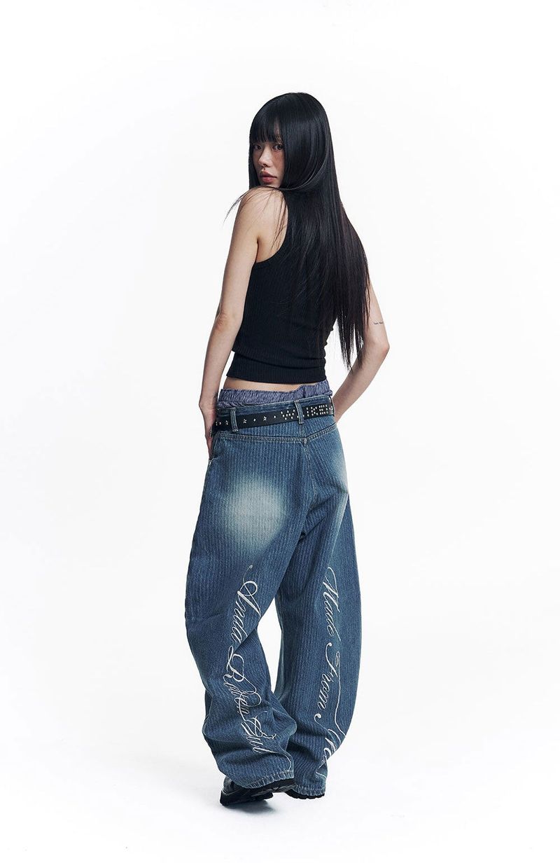 Stripe Lettering Denim Pants - Medium Blue