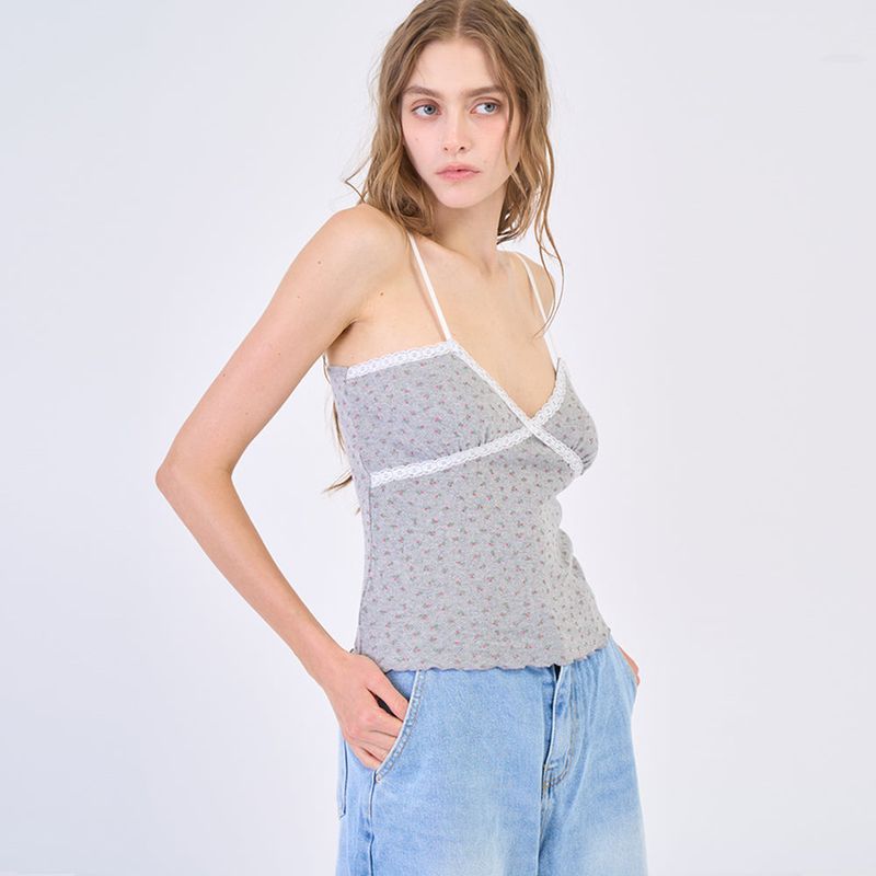 Flower Lace Sleeveless Melange Gray