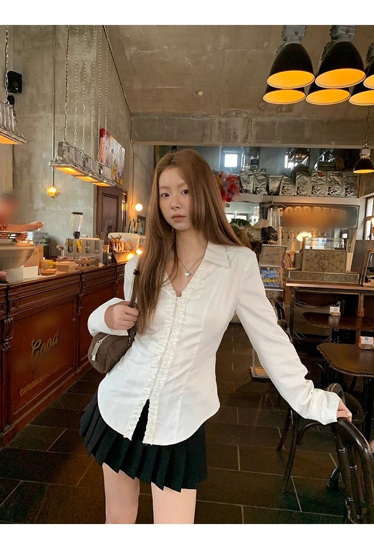 White V-neck Frill Style Long-Sleeved Shirt