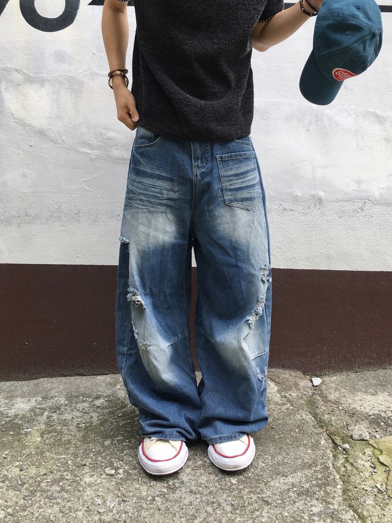 Wavy Cat Washed Distressed Denim Pants