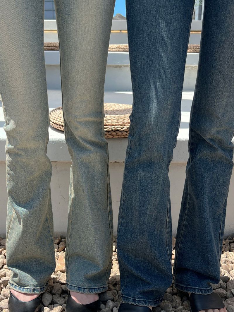 High waist light & deep blue washed bootcut long denim pants (2 colors)