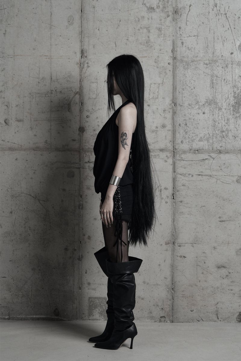 [label] cowl-neck side lace-up one-piece BLACK
