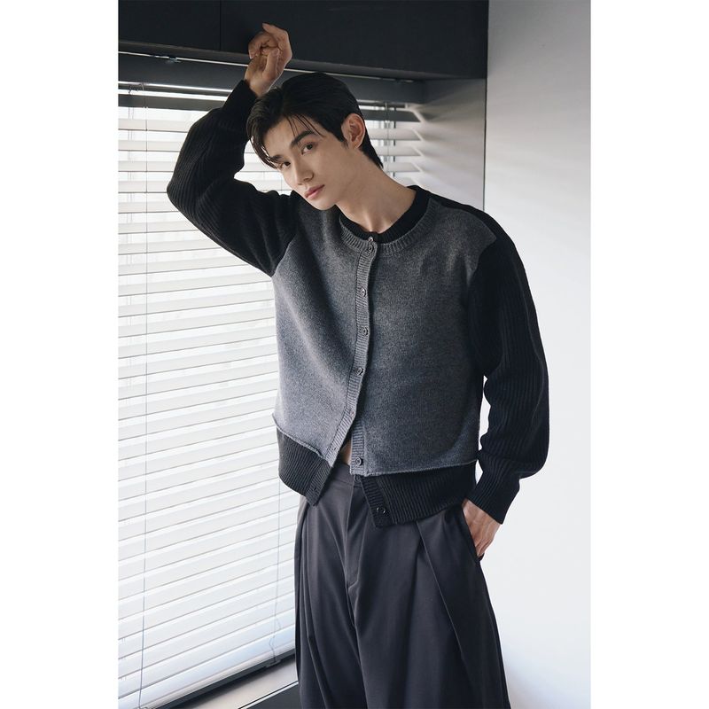 Layered wool knit cardigan(Black)
