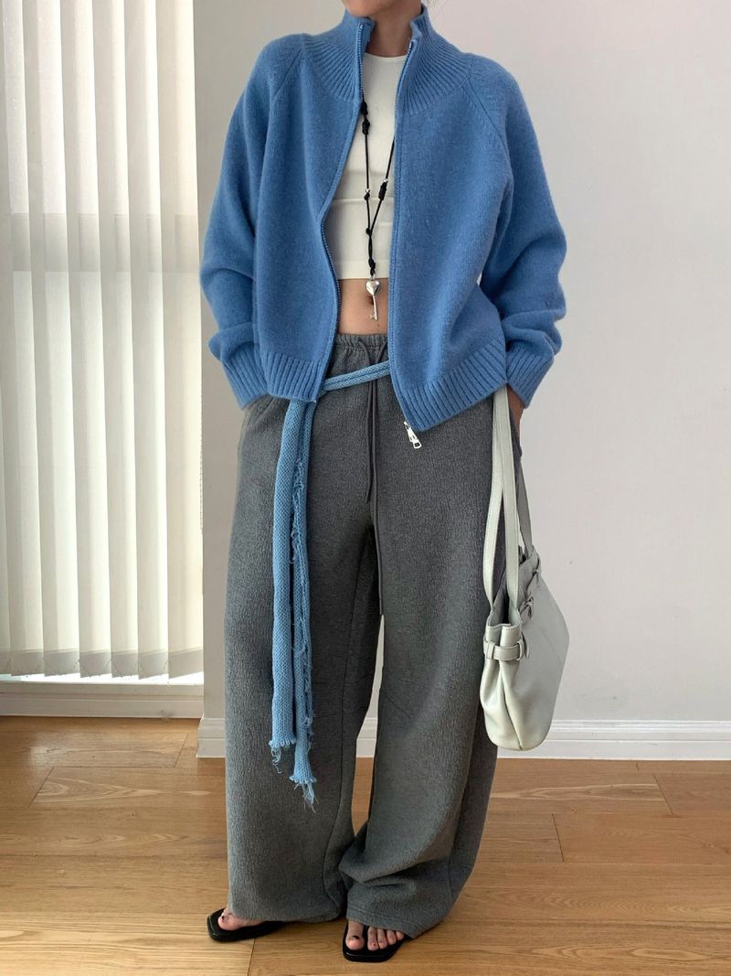 Stand Collar High Neck Zip-Up Long Sleeve Knitwear