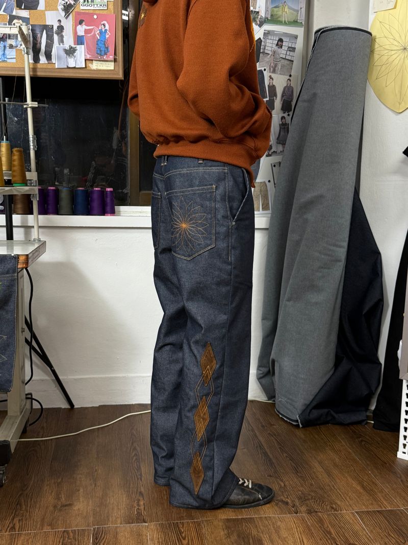[Hand-Made「006」] アーガイルパッチパンツ_デニム＆ブラウン