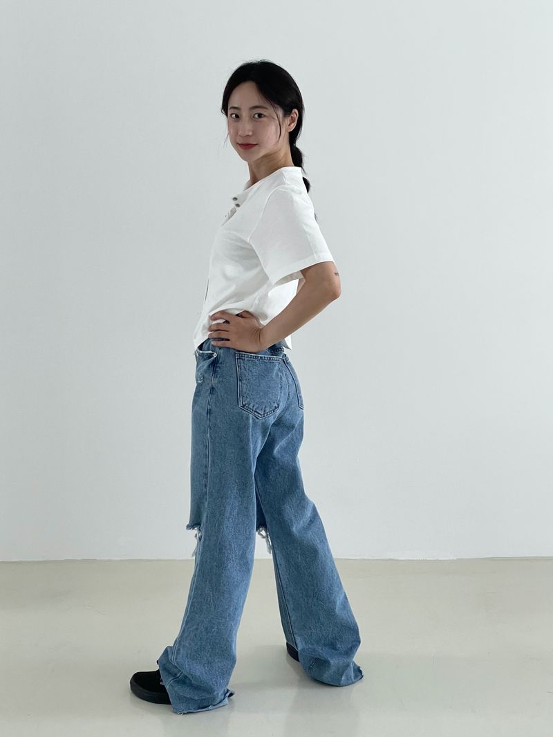 Damage cutting wide denim pants