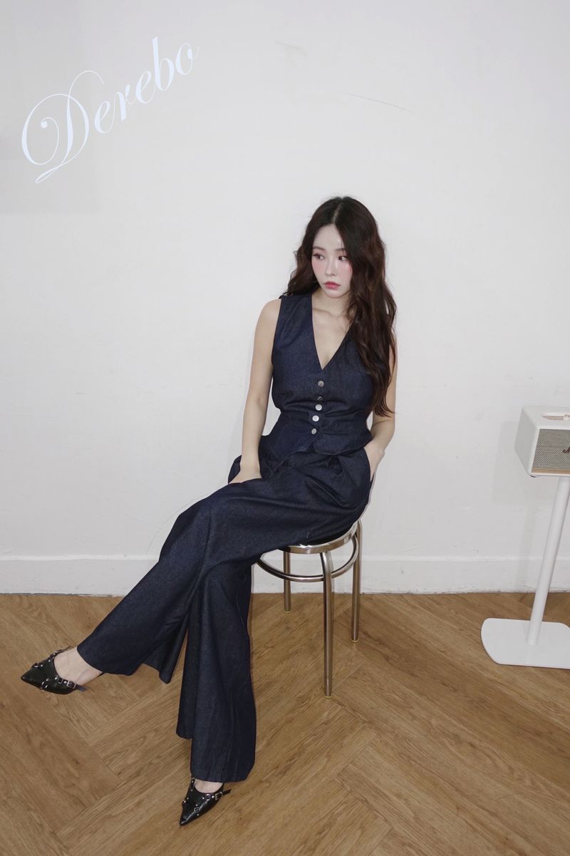 Dark blue denim vest pants two-piece