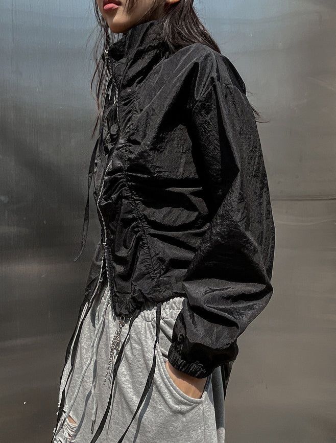 Sunlit strap shirring nylon zip-up jacket