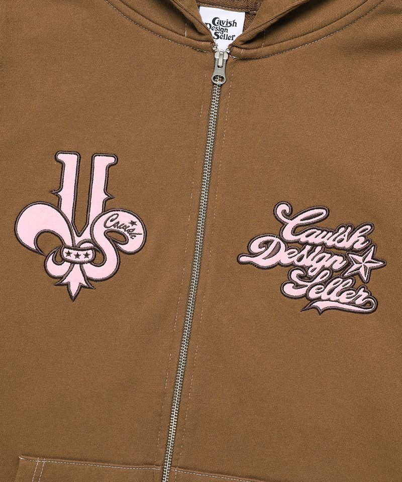 DAMAGED APPLIQUE ZIP UP HOODIE BROWN(CV2EFUM481A)