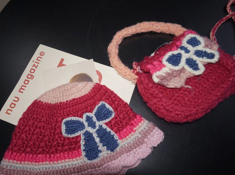 Hot Pink Knit Flower Bunk Hat & Bag Set 2