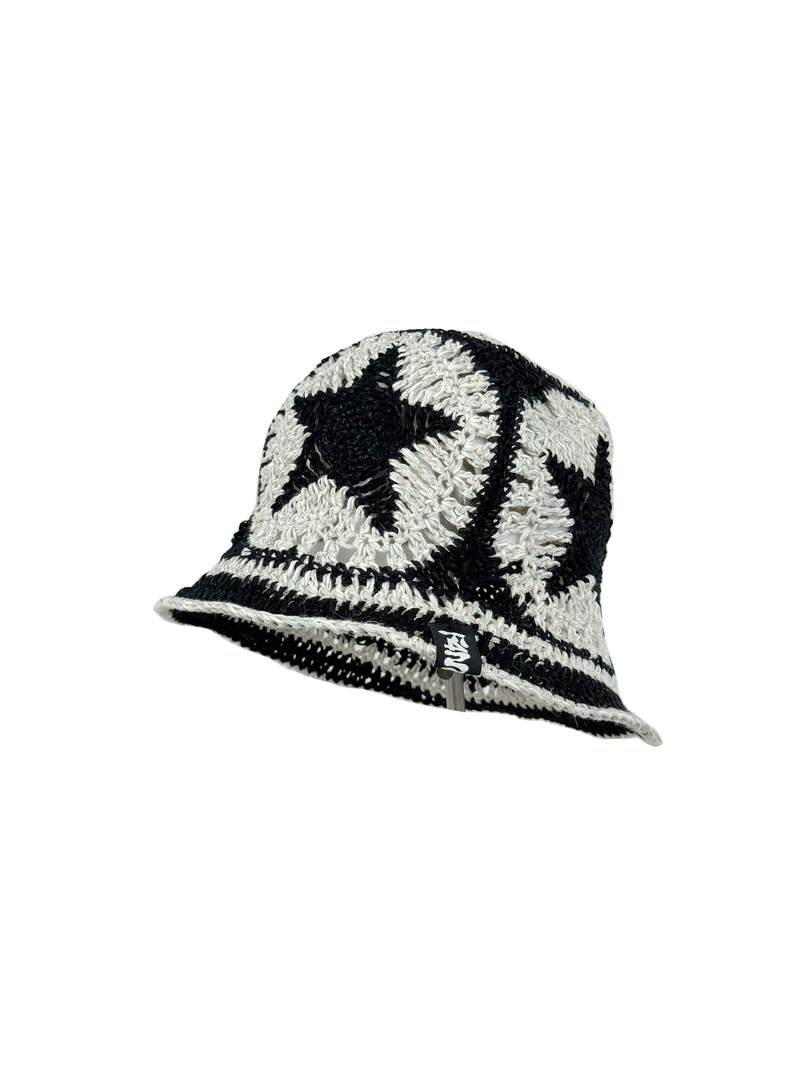 Cotton Linen Raffia Crochet Bucket Hat with Brim and 5 Granny Square Star Patches