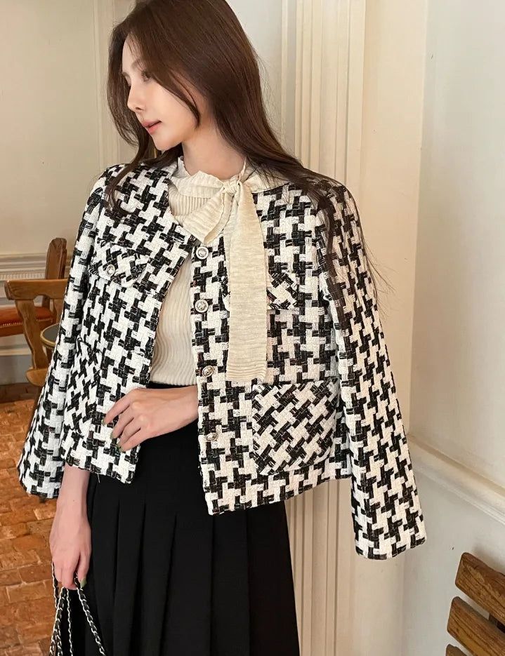 Carson Round-Neck Check Tweed Jacket