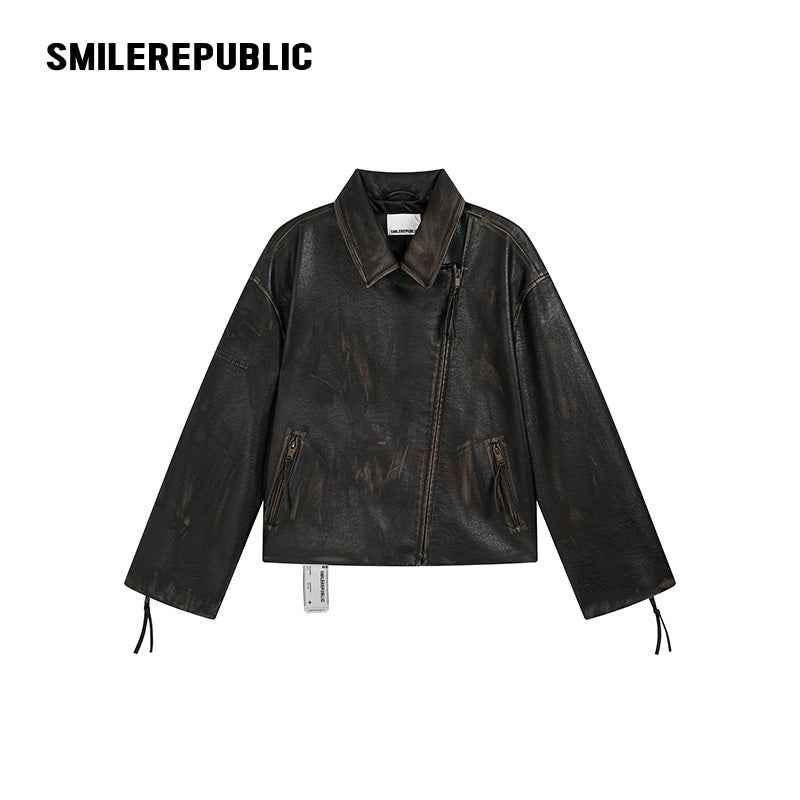 SMILEREPUBLIC（スマイルリパブリック）の「Brown Distressed PU Coated Faux Leather Oversized Asymmetrical Zip Jacket with Logo Back（Jackets/Outerwear）」
