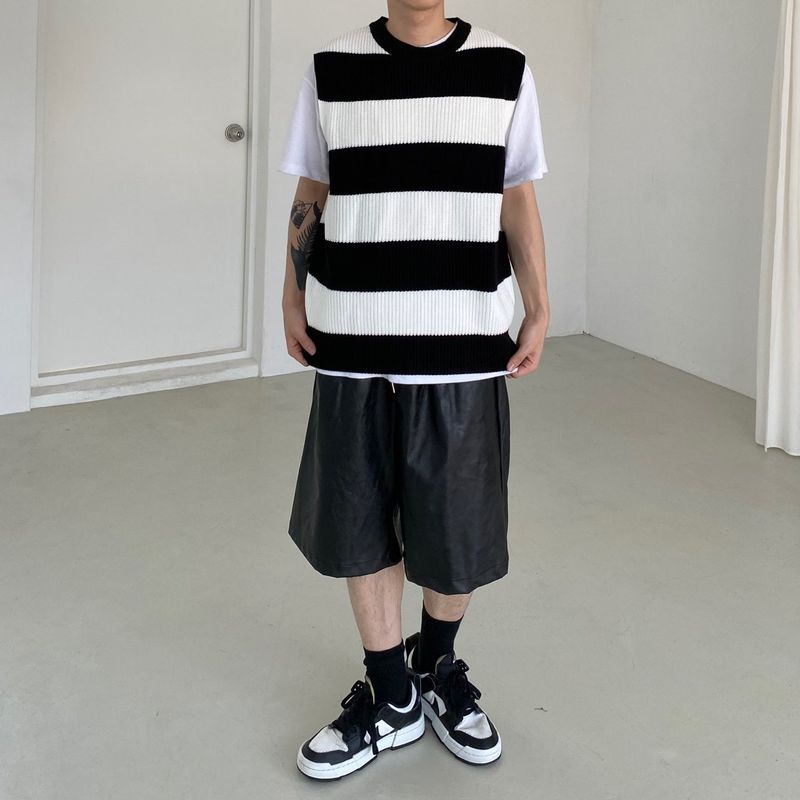 Stripe round neck knit vest 2C