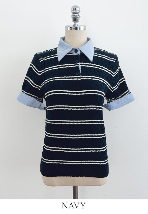 Monta Color Matching Collar Stripe Cable Knit