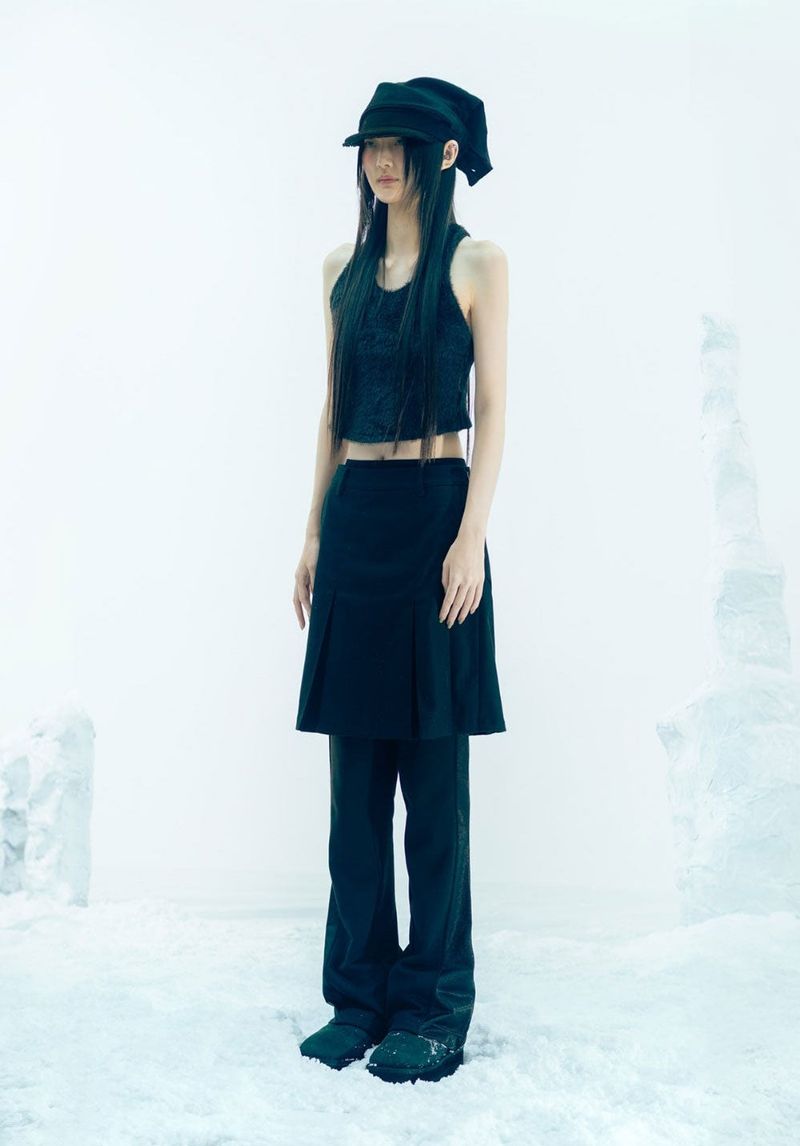 Pleated Jersey Skirt Pants / Black