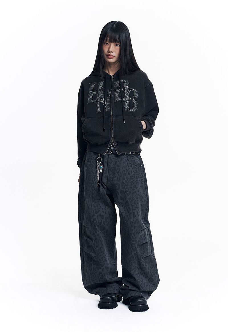 Washed Leather Patch Hooded Zip-Up - Black