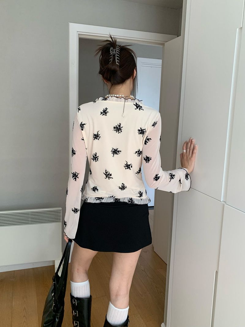 retro floral ruffle long-sleeve blouse