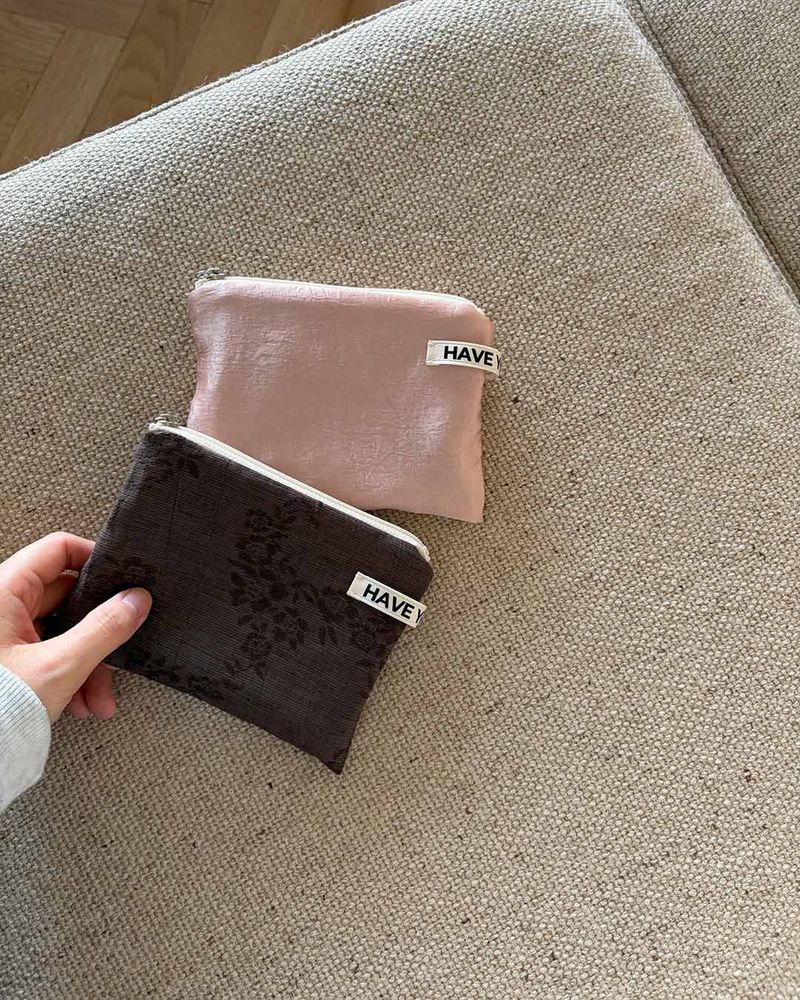 Linen floral flat pouch - brown , S size