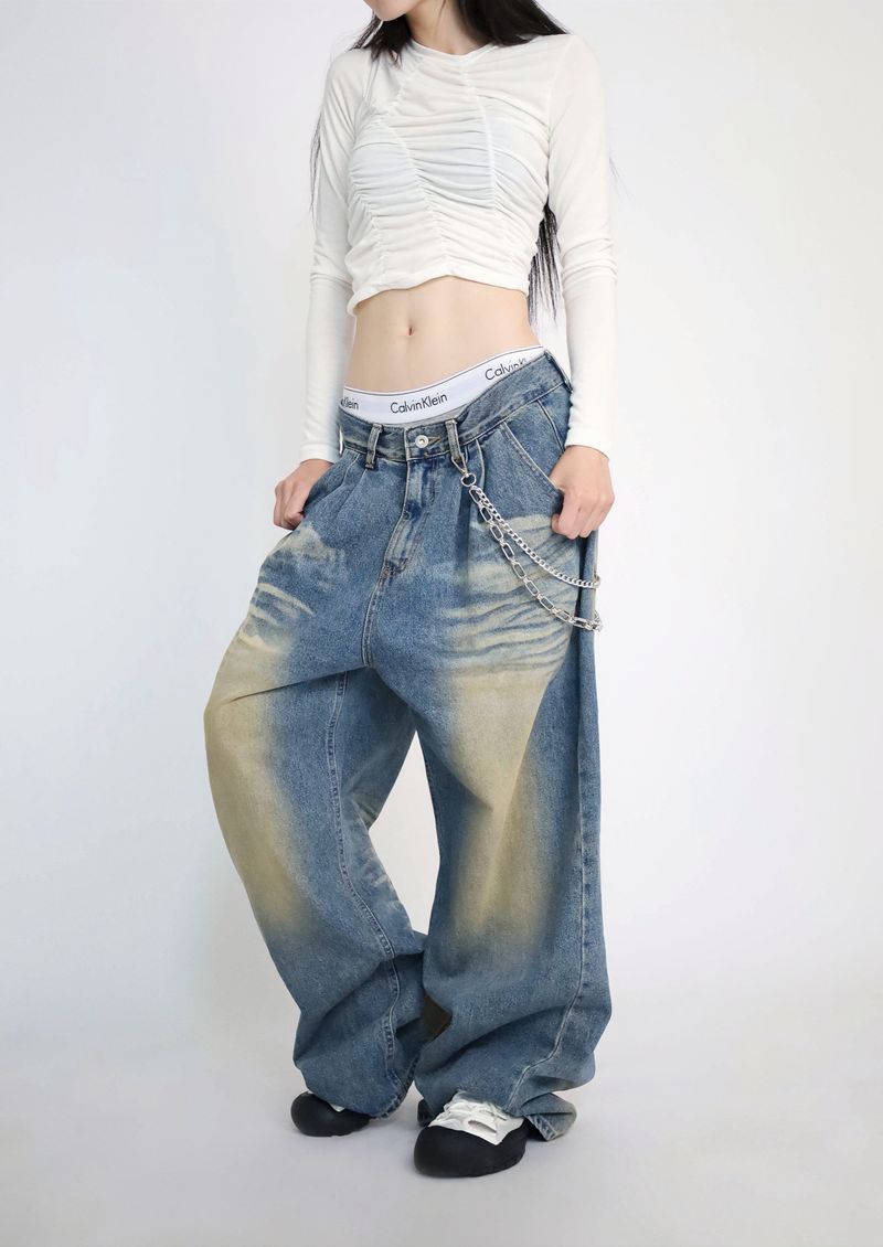 (UNISEX)Mud-Washed Wide Denim Pants
